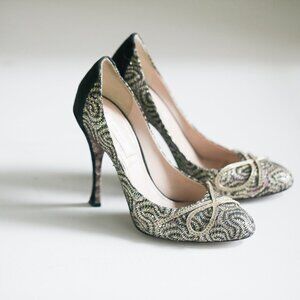 Nina Ricci High-Heel Glitter Black  Suede Pumps